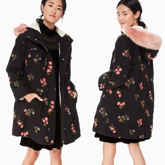 Kate Spade Embroidered Twill Coat Parka Jacket Floral Black Sherpa Women's Sz XS - Picture 1 of 15